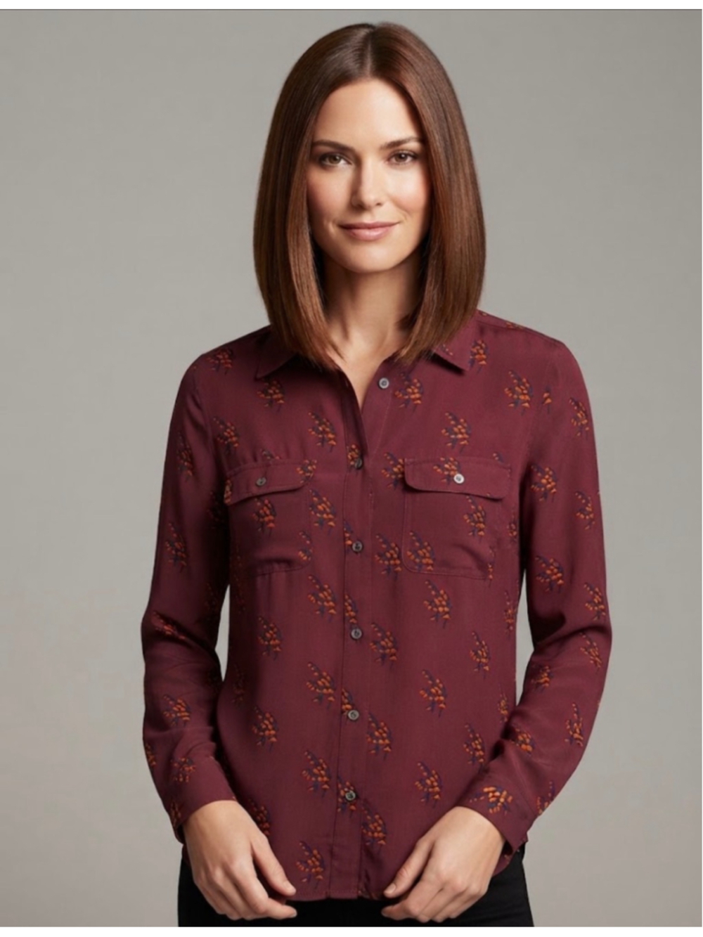 LOFT Button Down Shirt Size M Burgundy Orange Floral Print